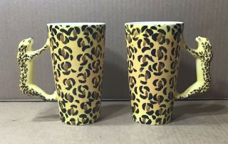 World Market Leopard Handle Tall Coffee Mug Cups Hand Painted Thailand 16 Oz.