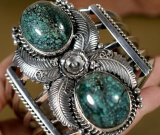 Old Pawn Vintage Navajo Handmade Sterling Natural Spiderweb Turquoise Bracelet 2