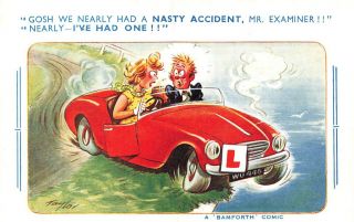 Bamforth Comic Postcard: Vintage Sports Car,  Learner Driver & Motoring Theme