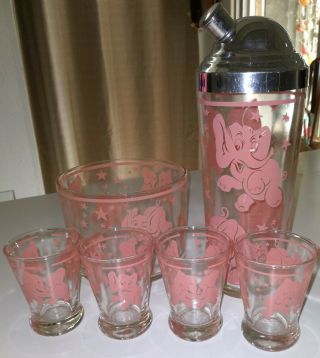 Vintage Hazel Atlas Pink Elephant Cocktail Shaker 4 Matching Glasses & Ice Bowl