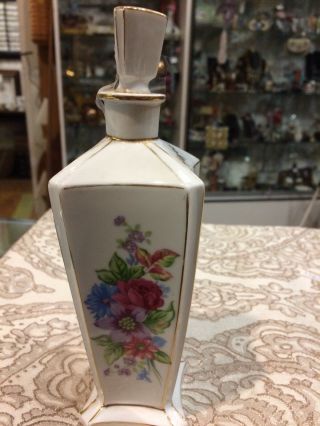 Vintage Antique Hand Painted Floral Flower Gold Gilded Trim Perfume Bottle 7”
