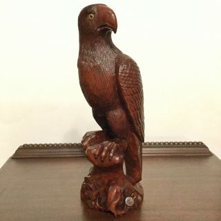 Wood Hand Carved Vintage Eagle Falcon Hawk Prey Bird 11.  5” Glass Eyes Figure
