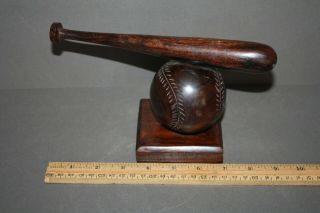 Vintage Carved Dark Wood Baseball Bat & Ball Desk Figure Trophy Statue