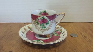 L M Royal Halsey Very Fine China Tea Cup & Saucer Footed W/gold Leaf Scalloped