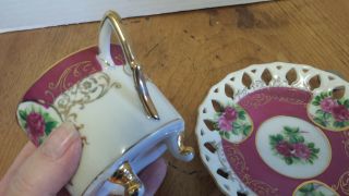 L M Royal Halsey Very Fine China Tea cup & Saucer Footed w/gold leaf scalloped 3