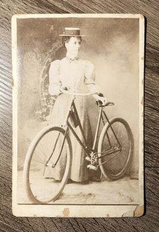Rare Antique Cabinet Card Photograph Woman On Bicycle