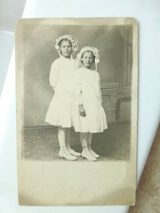 Rppc Two Cute Girls In Fancy Bonnets And Button Boots Old Real Photo Postcard