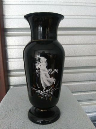 Antique Mary Gregory Black Glass Vase Hand Painted 15 " Hgt