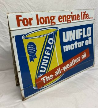 Vintage Esso Uniflo Motor Oil 2 - Sided Oil Can Display Rack Topper Metal Sign