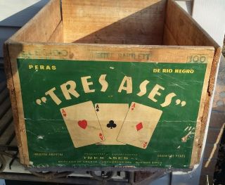 Vtg Wood Tres Ases Fruit Crate Argentina Box Rustic Decor 19 " 3 Aces Pears