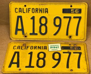 Rare Pair 1956 Dmv Clear A18 977 (california) Truck License Plate - Vintage