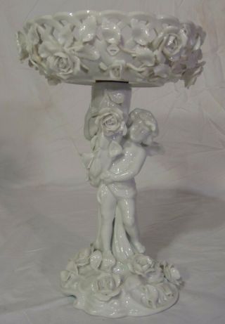 Blanc De Chine White Dresden Porcelain Cherub Pierced Compote Pedestal Bowl Rose