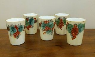 5 Antique Germany Hand Painted Porcelain Tumblers Yellow W/ Red Grapes