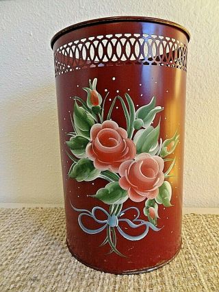 Vintage Very Pretty Small Metal Trash Can Hand Painted Flowers