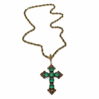 Vintage Joseff Of Hollywood Cross Necklace With Green Rhinestones
