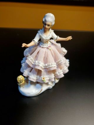 Dresden Lace Lady Woman With Dog Figurine By Sandizell West Germany Pink