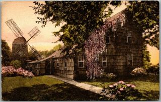 East Hampton L.  I.  Ny Postcard " Home Sweet Home & The Old Wind Mill " Hand - Colored
