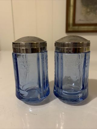 Vintage Salt And Pepper Shakers Blue Depression Glass