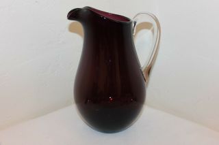 Vintage Amethyst Purple Glass Pitcher With Clear Applied Handle,  9 - 3/4