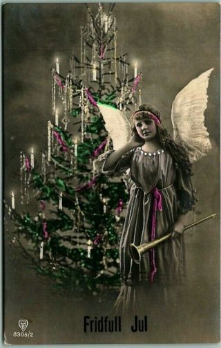Vintage Swedish Christmas Postcard " Fridfull Jul " Angel Girl / Xmas Tree C1910s