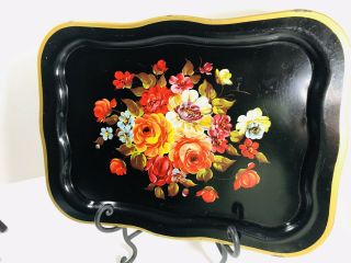 Black Metal Toleware Hand Painted Large Tole Serving Tray Floral Design