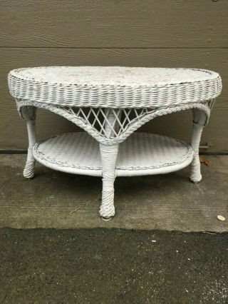 Vintage Antique Natural Real White Wicker Coffee Table Summer Porch Furniture