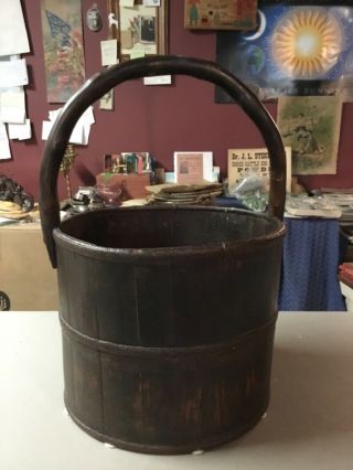 Antique Wooden Well Bucket,  Staved Bands,  Cast Iron Straps,  Curved Branch Handle
