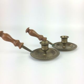 Vtg Set Of 2 Solid Brass Chamberstick Candle Holder W/wooden Handle Candleholder