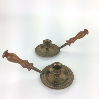 Vtg Set of 2 Solid Brass Chamberstick Candle Holder w/Wooden Handle Candleholder 2