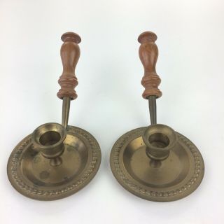 Vtg Set of 2 Solid Brass Chamberstick Candle Holder w/Wooden Handle Candleholder 3
