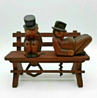 Set Of 2 Vintage Hand Carved Wooden Figurines On A Wood Bench Bottle Openers