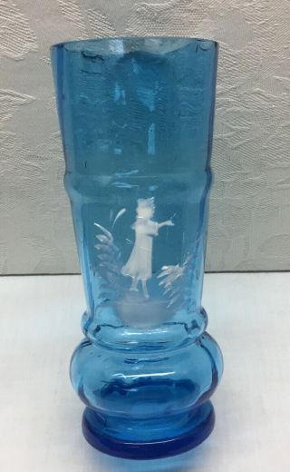 Antique Mary Gregory Turquoise Glass Pedestal Vase - Hand Painted Girl In Garden