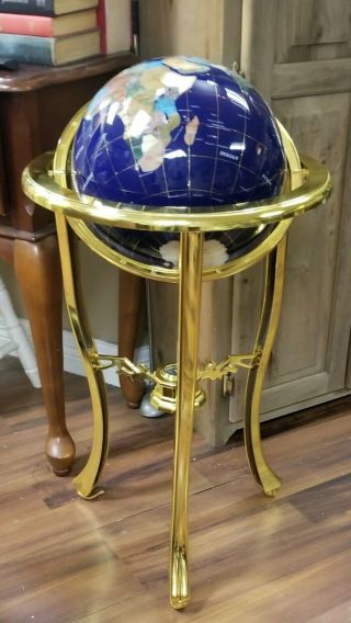 Vintage Large Gemstone World Globe Sea Brass Stand & Compass