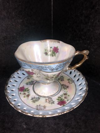 Vintage Pedestal Tea Cup & Saucer Royal Halsey Style Blue Pink Roses Gold Trim