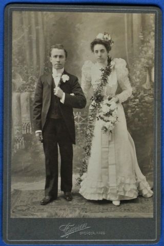 Cabinet Photo Wedding Couple Short Man Bride Veil Currin Spencer Ma 1890s