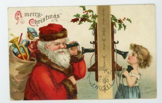 Antique Vintage Christmas Postcard Santa Claus Taking On Phone Ellen Clapsaddle