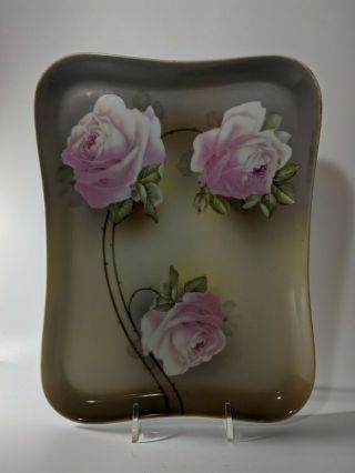Vintage Vanity Dresser Tray Floral Hand Painted Pink Roses Flowers Porcelain