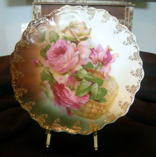 Antique Punch Z.  S.  & Co.  Bavaria Germany Hand - Painted Pink Roses Plate 9.  5 "