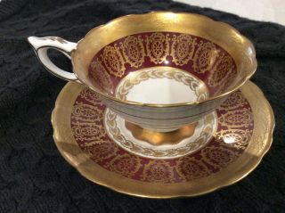 Royal Stafford England Fine Bone China Footed Tea Cup & Saucer Gold And Maroon