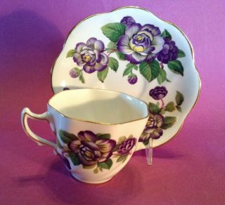 Rosina Teacup And Saucer - Scalloped Rims - Purple Roses - Bone China - England 2