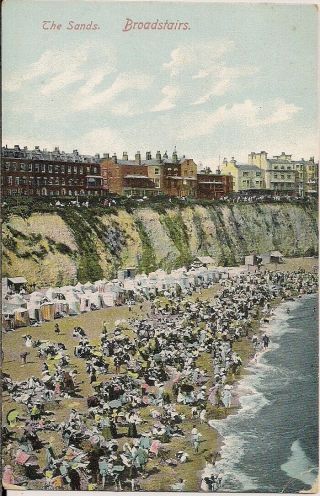 Scarce Old Postcard - The Sands - Broadstairs - Kent C.  1905 Bathing Tents & Busy