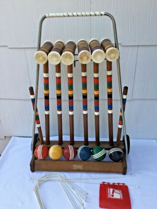 Vintage Forster 6 Player Croquet Set Wheeled Storage Rack Striped Ribbed Balls