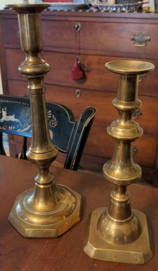 2 Antique Brass Push - Up Candlestick Holders Victorian 19th Century