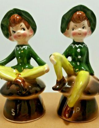 Vintage Enesco Fairy Pixie Elves On Mushroom Salt And Pepper Shakers 4 "