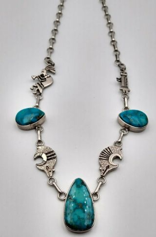 Spectacular Vintage Sterling Silver Spider Web Turquoise Necklace Navajo Signed