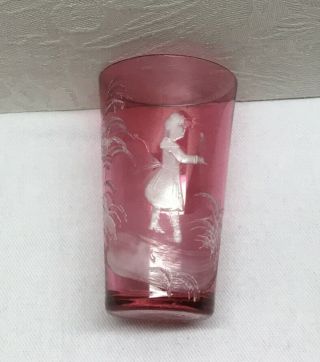 Antique Mary Gregory Cranberry Glass Tumbler - Girl In Garden,  Hand Painted,  4”