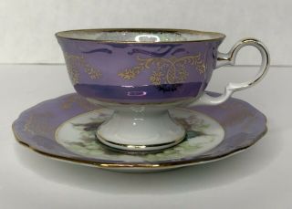 Vtg Lm Royal Halsey Very Fine China Footed Cup Saucer Purple Gold Luster Fruit