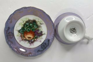 Vtg LM Royal Halsey Very Fine China Footed Cup Saucer Purple Gold Luster Fruit 2