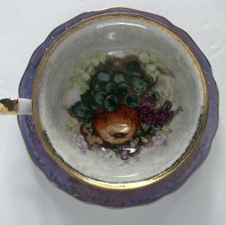 Vtg LM Royal Halsey Very Fine China Footed Cup Saucer Purple Gold Luster Fruit 3