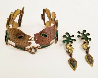 Vintage Casa Maya Mexico Hammered Modernist Kiss Copper Bracelet & Earrings Set,